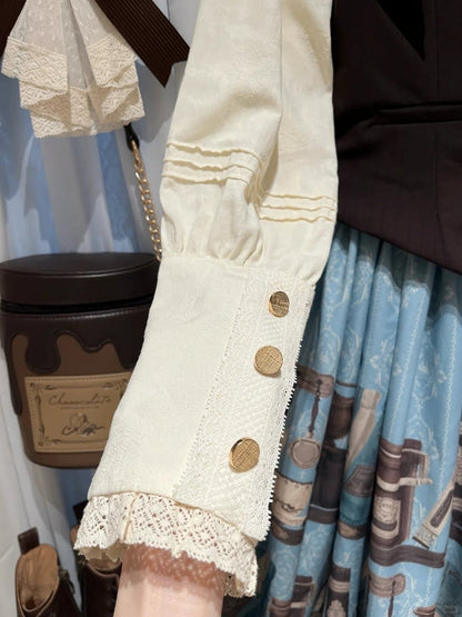 Beige Leg-of-Mutton Sleeves Lace Trim Elegant Blouse - Dream Whale