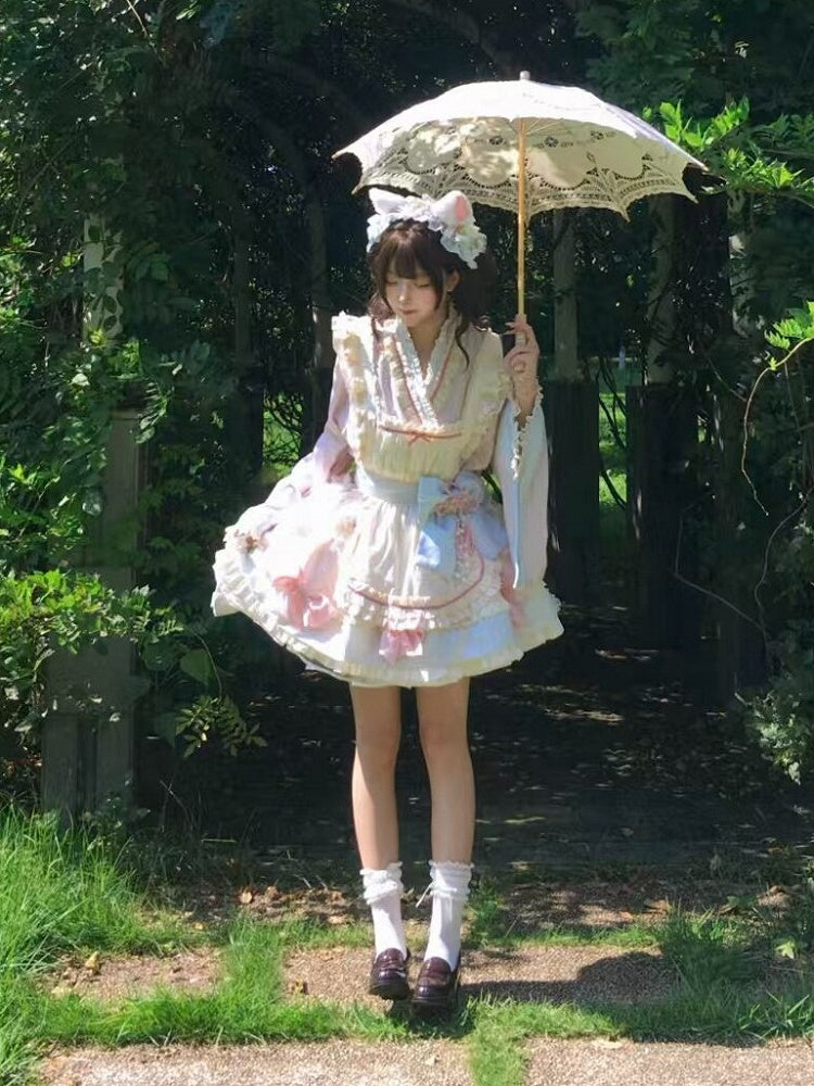 Hanfu-Inspired Lolita Top, Ruffle Mini Skirt & Apron Set in Pink Blue - Berry Story Lolita