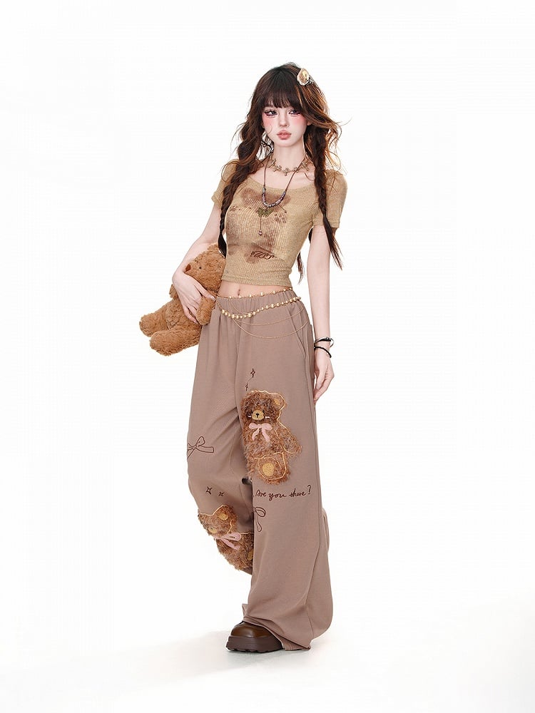 Brown Plush Teddy Bear Bowknots Detail Loose Wide-Leg Pants