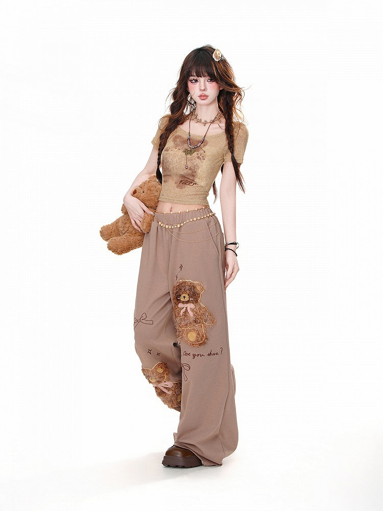 Weite Hose Detail Lose Teddybär Bowknots Braun Plüsch