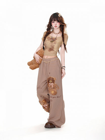 Weite Hose Detail Lose Teddybär Bowknots Braun Plüsch