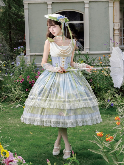 Art Print Skirt Classic Lolita Cowl Neck JSK Dress with Drawstring Overlay - Moonlight Dream