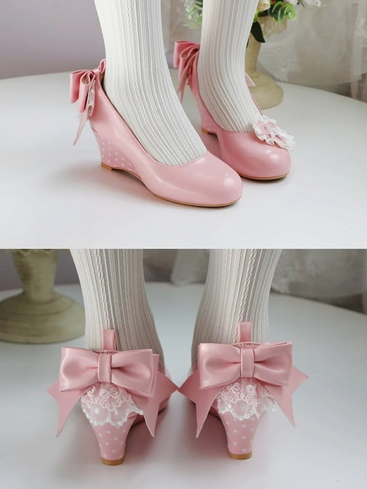 Pink Sweet Lolita Wedge Mary Janes – Detachable Lace Heart & Bow Accents | SANERBBY