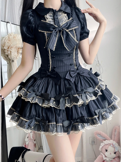und Schleife Lolita Schwarze Akzente Gestreiftes Idol Stoff Goldkleid