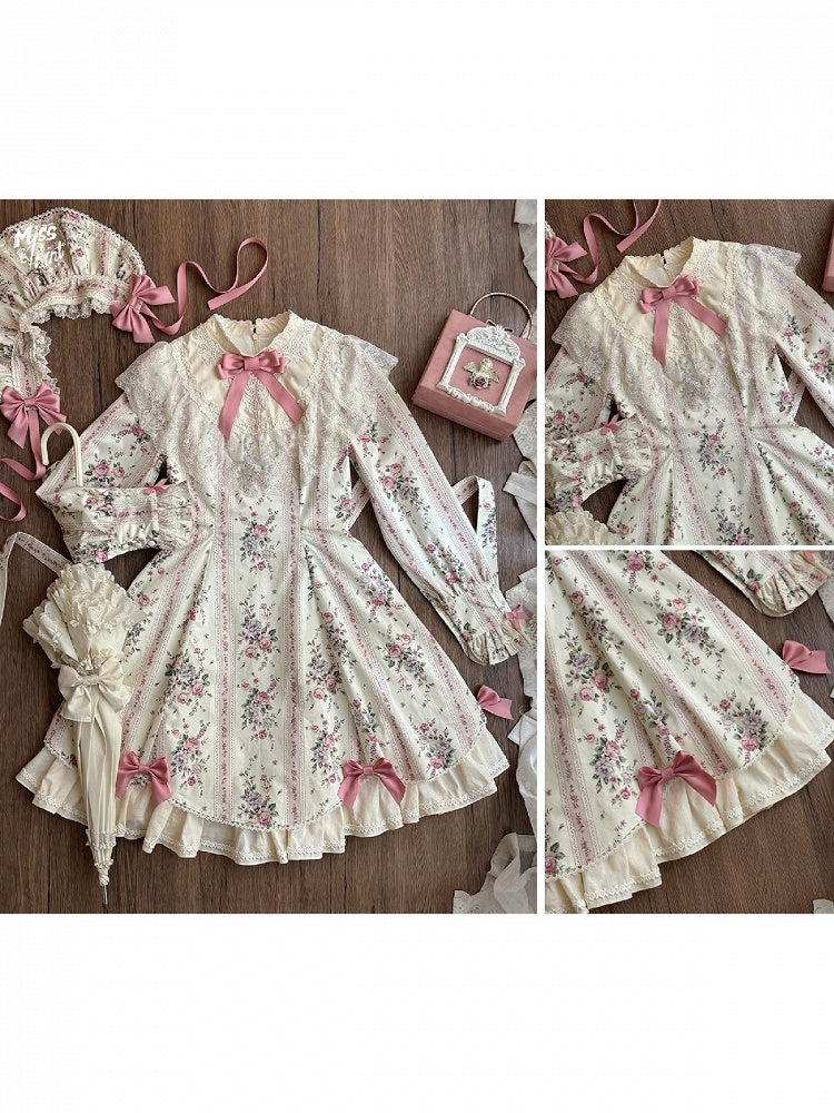 Beige Floral Print Refined Lolita OP Dress with Bow & Lace Accents - Miss Cube Dressworks
