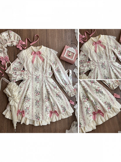 Beige Floral Print Refined Lolita OP Dress with Bow & Lace Accents - Miss Cube Dressworks