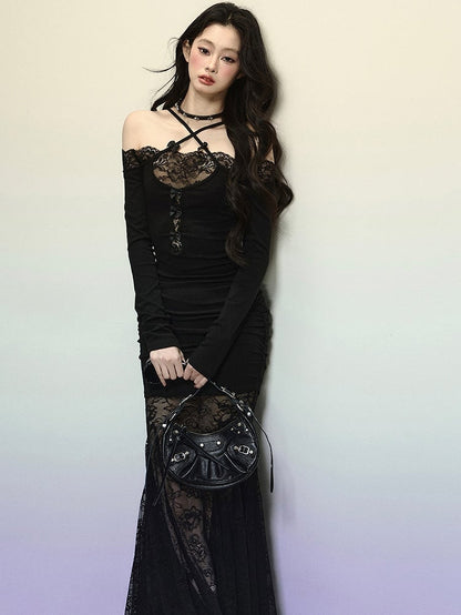 Black Lace Patchwork Mermaid Skirt Cross-strap Halter Maxi Dress Evening Gown
