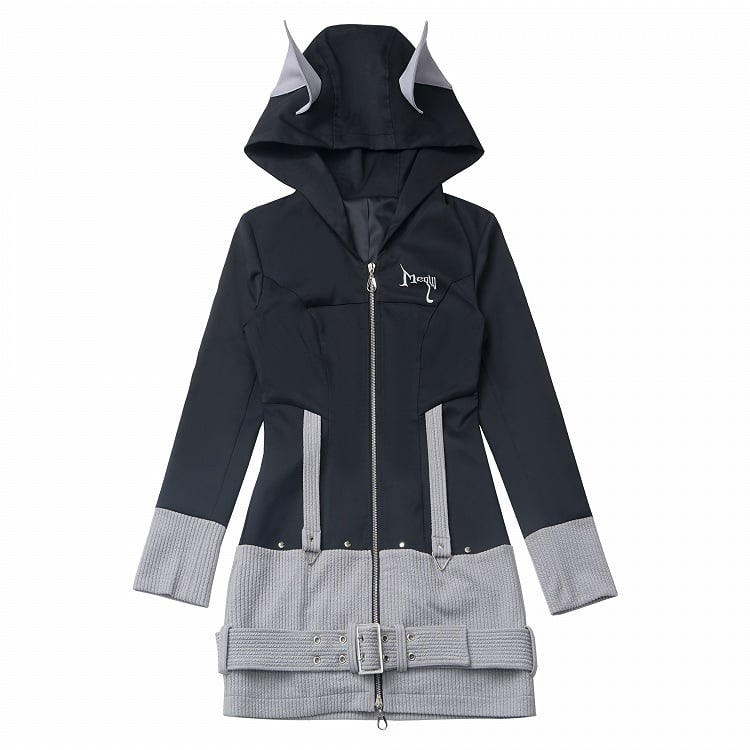 ブラックストラップとデザインフード、カラーブロック、ウルフイヤー、バックル、ジップクロージャー、グレーニット