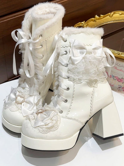 White 8CM High Heel Winter Boots with Front Lace-Up, Lace & Heart Accents - Witch's Night