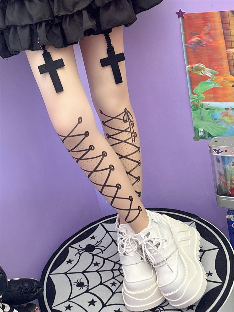 Tights Print Straps Y2K Lace-up Nude