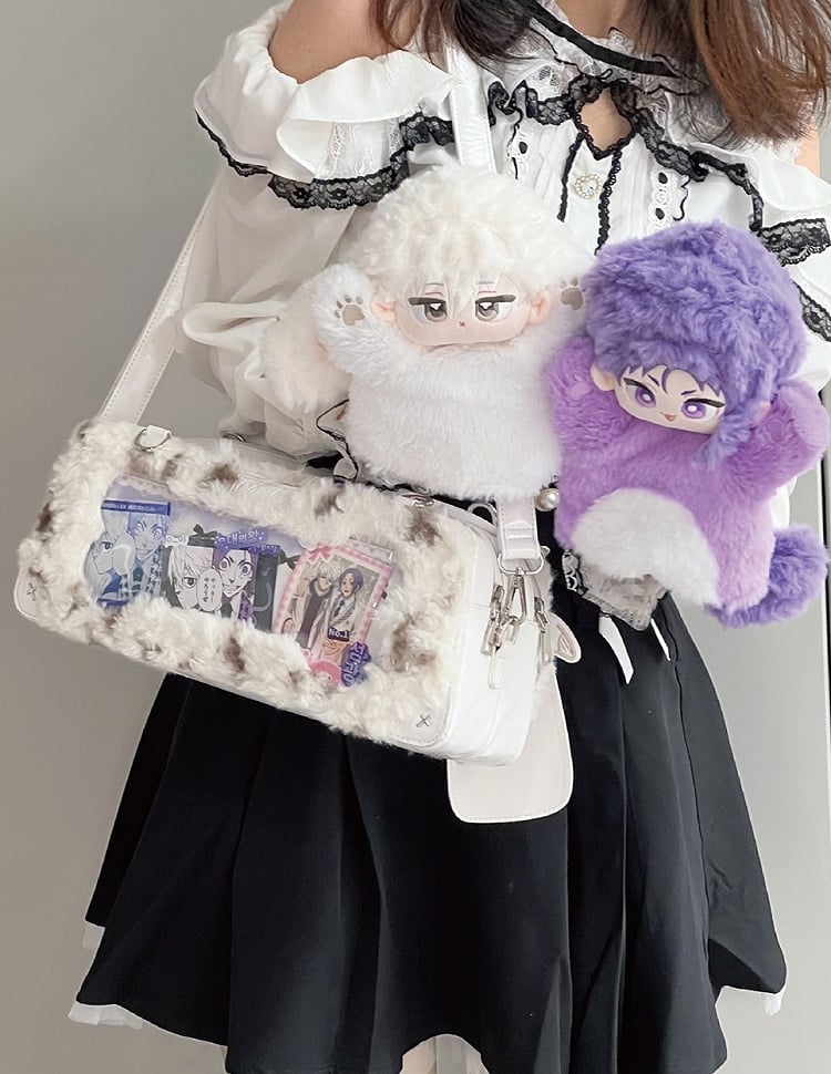 White Plush Ita Bag with Cute Puppy Charm - Daylight