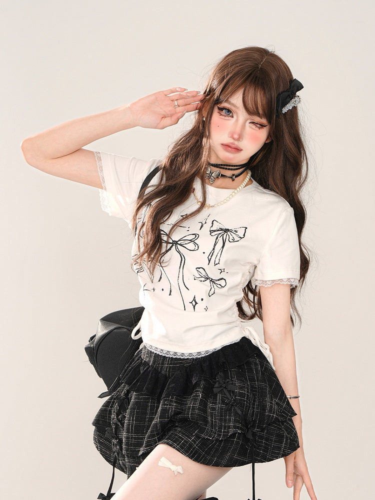 Sweet T-shirt with Bowknot Print Waist Drawstrings White Lace-trimmed