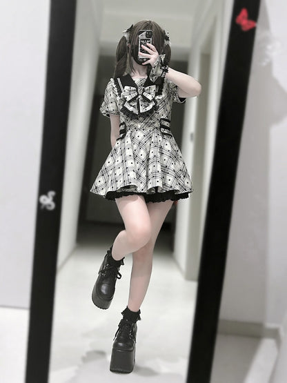 Jirai Kei Sailor Collar Black Polka Dot Bow Dress - Ekomi