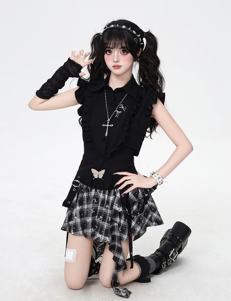 with Back Flutter Sleeves Blouse Print  Lace-ups Cross White Black