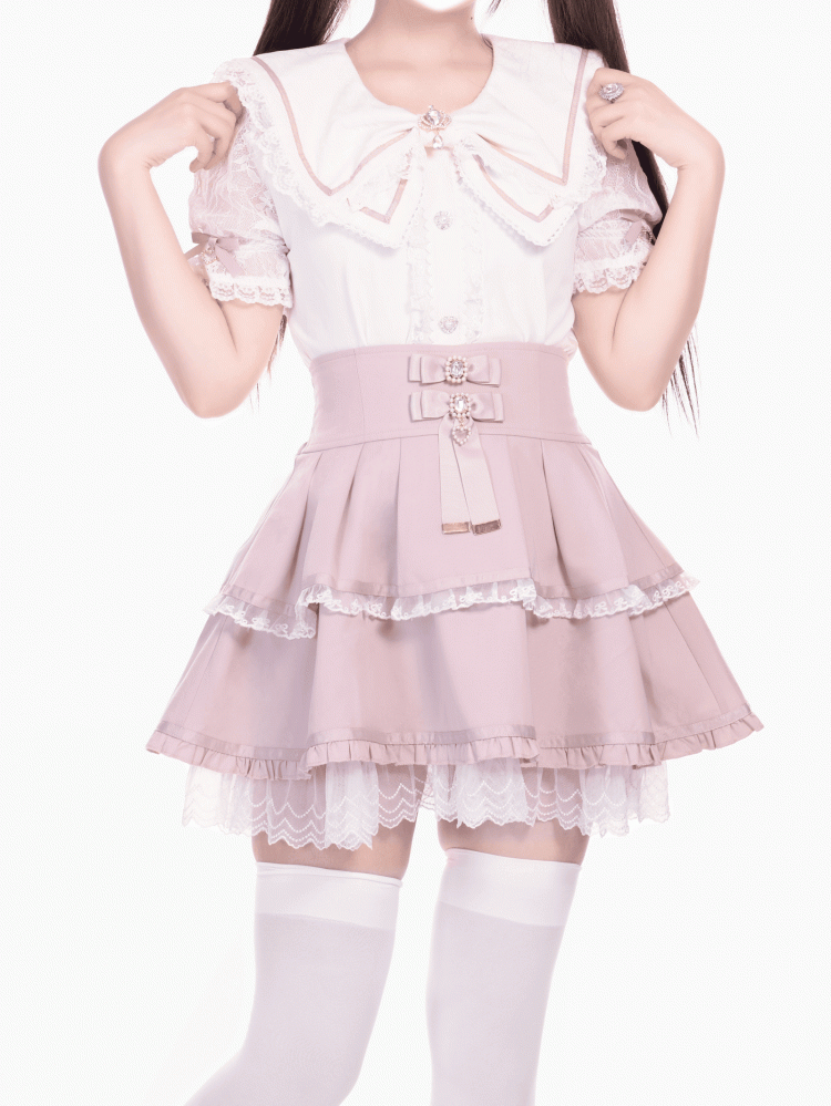 Bowknot Pink High Waist Jirai Kei Tiered Skirt Accents Rhinestone with