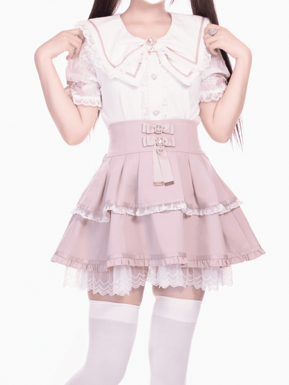 Bowknot Pink High Waist Jirai Kei Tiered Skirt Accents Rhinestone with