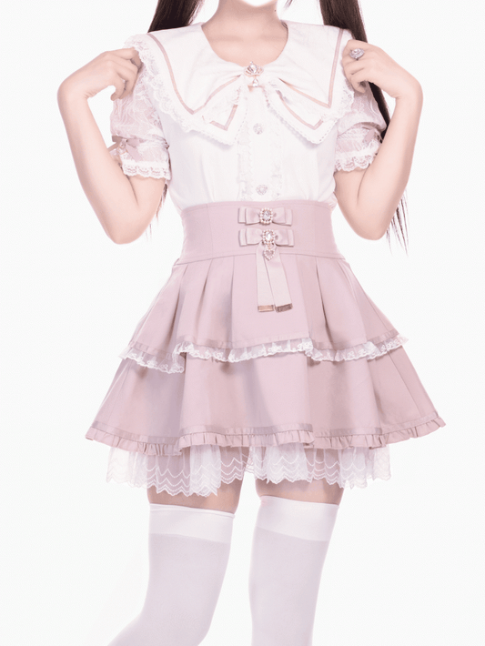 Bowknot Pink High Waist Jirai Kei Tiered Skirt Accents Rhinestone with