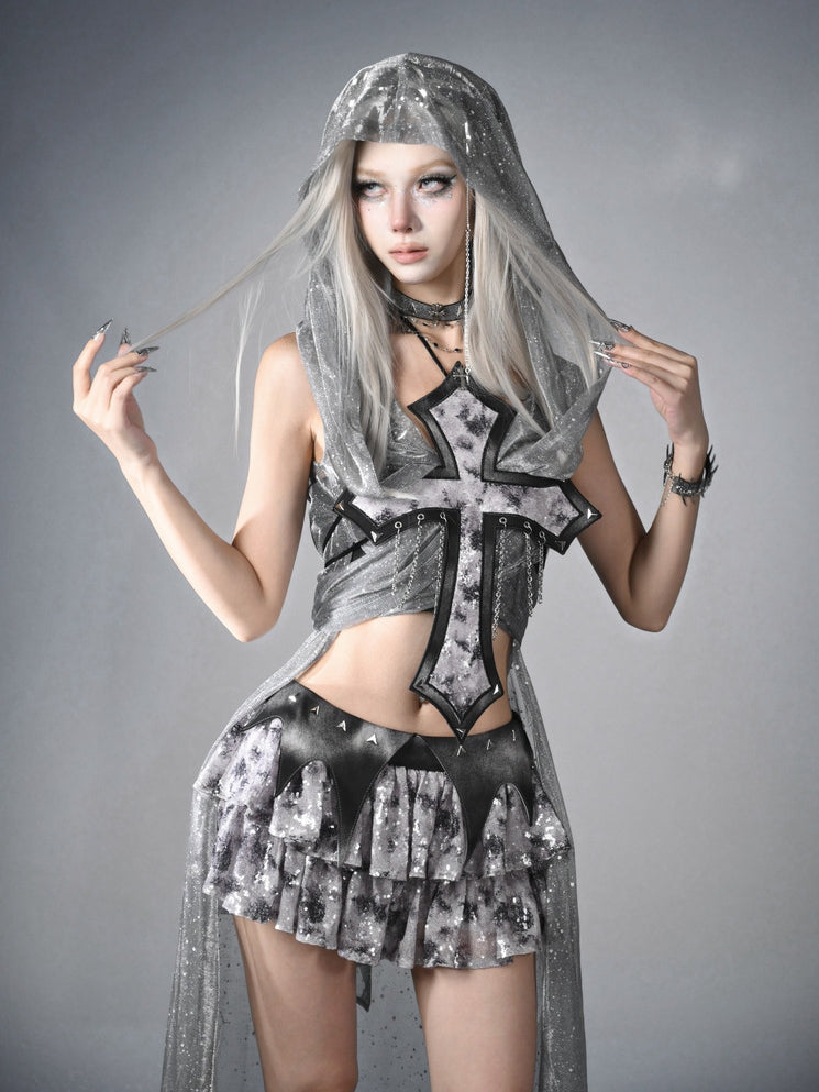 Cyberpunk Kreuz Choker mit Perlenketten Y3K Silber Mode