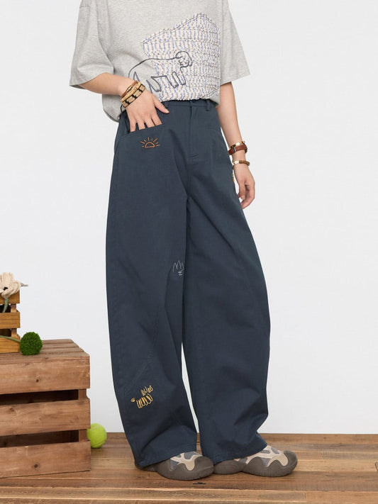 Wide-leg Vintage Embroidery Dark for Pants Winter Cut Autumn Cute - Blue