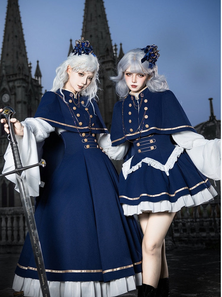 Navy Ouji Lolita Cape Set with Shoulder Chain & Brooch, Layered Style - With PUJI