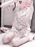 Blusendruck Peter-Pan-Kragen Allover-Herztaschen Weißer Pyjama Kei Set Bunny Jirai + Shorts