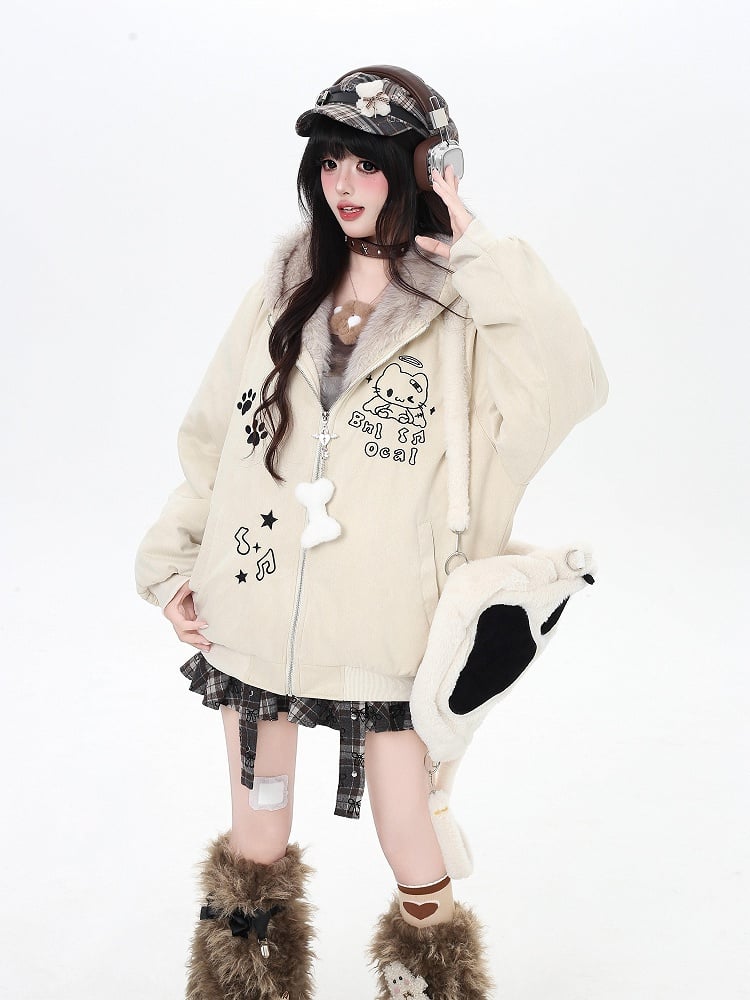 Cozy Suede Cat-Ear Hooded Coat with Plush Lining and Embroidered Cat Details Black/Apricot