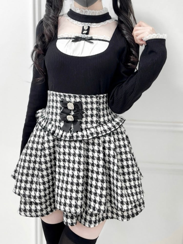 Sheer Sleeve Jirai Cutout at Kei Lace Long Mesh Panel Chest Collar Stand with Black Top: Knit