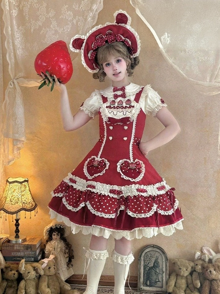Strawberry-Print JSK Dress with Polka-Dot Bow & Peter Pan Collar Blouse Set - Day Rabbit