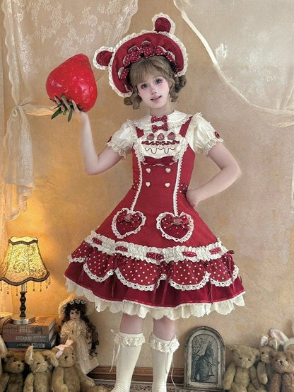 Strawberry-Print JSK Dress with Polka-Dot Bow & Peter Pan Collar Blouse Set - Day Rabbit