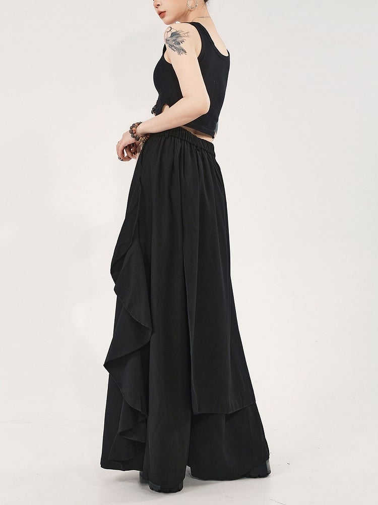 with Asymmetrical Skort Waistband Partial Design Black Elastic High-waisted