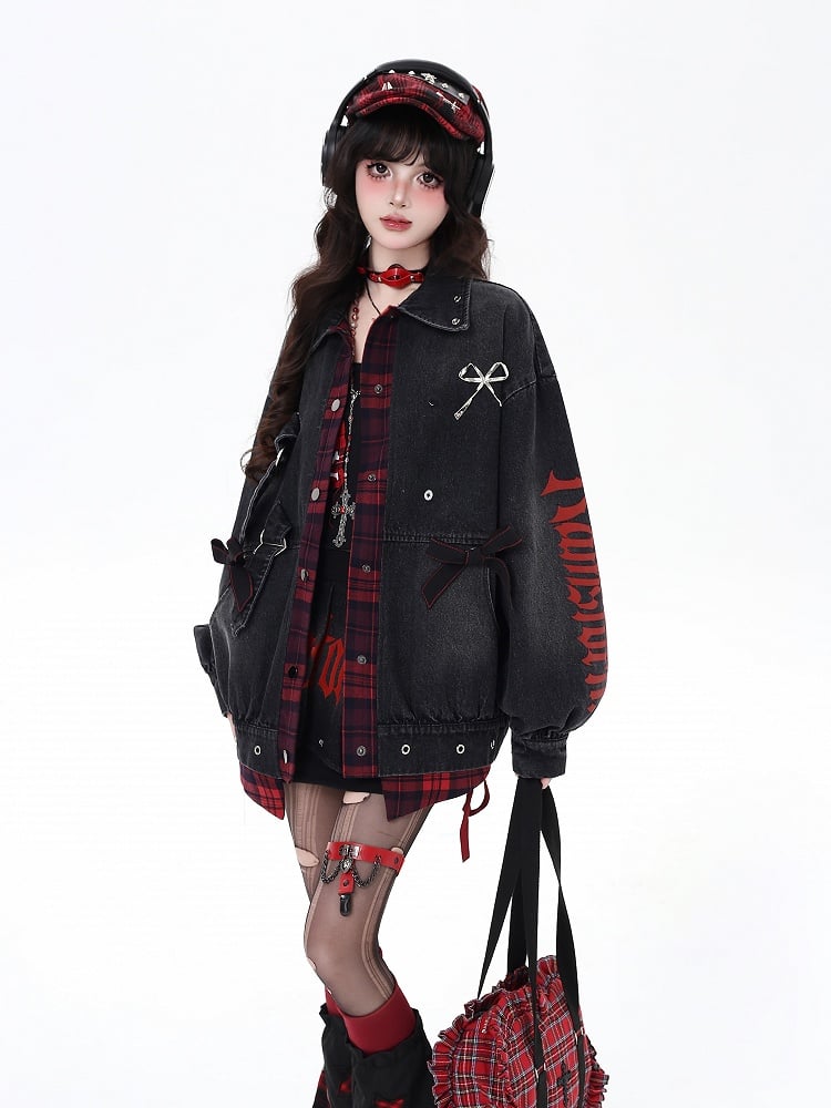 Faux Two-Piece Denim Jacket with Plaid Patchwork and Bowknot Details Black