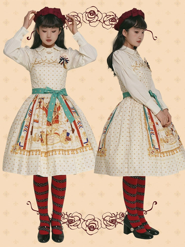 White Musical Print Elegant Lolita Jumper Skirt - Crucis Universal Tailor Company