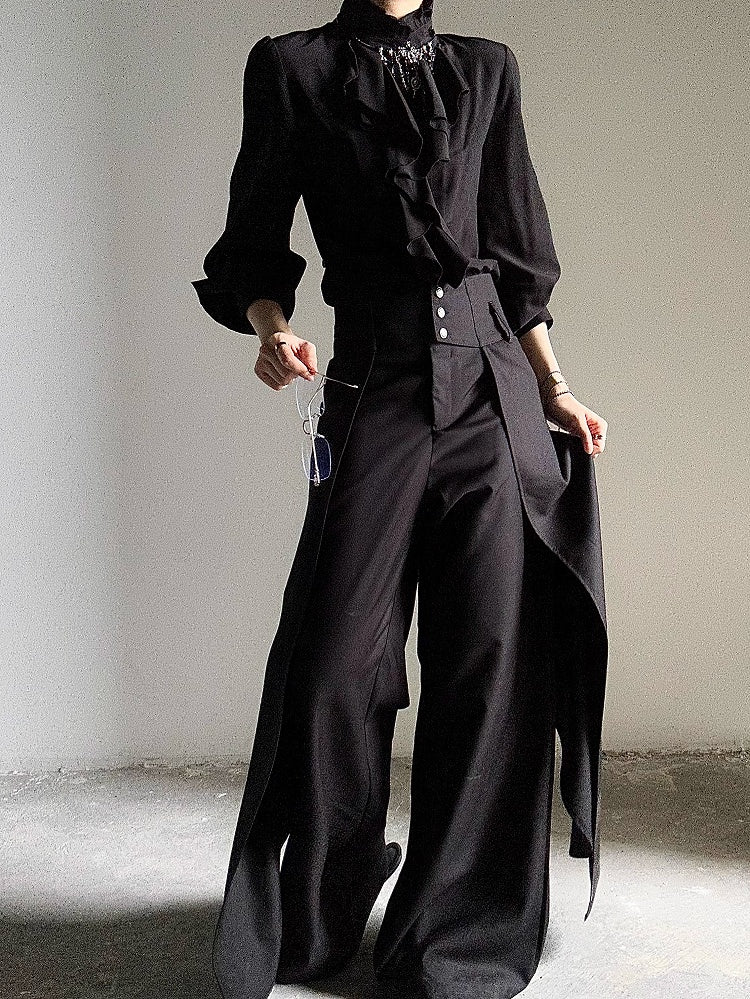 Lolita Buttoned Wide-Leg Panels Ouji with Cincher High-Waisted Draped Pants Black