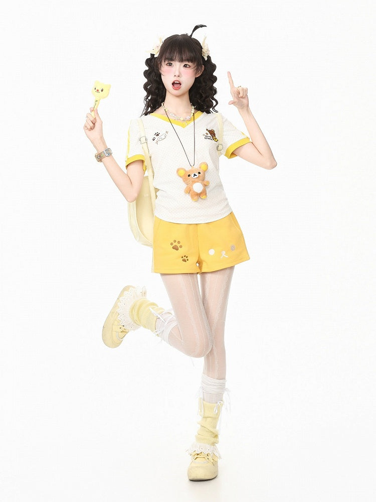 Yellow Polka Dot Tee with Bear Embroidery and Doll Necklace - Languid Park