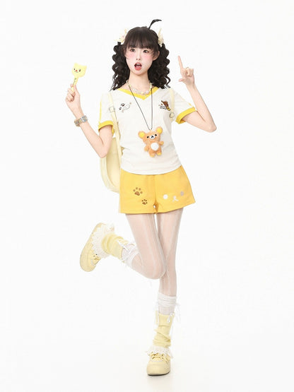 Yellow Polka Dot Tee with Bear Embroidery and Doll Necklace - Languid Park