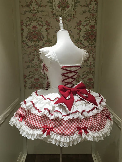und Saum gewellter Kleiderrand mit süßem Rockmuster Lolita Gingham gestufter weißer Besatz rot