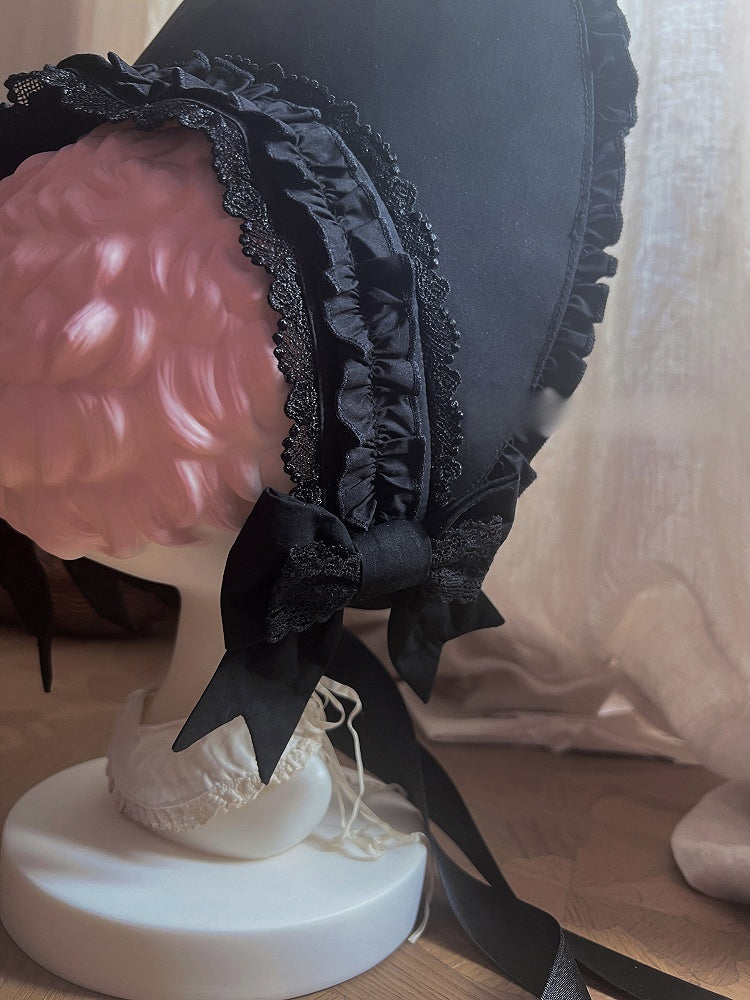 Bonnet Lolita Black with Bowknots Ruffled Grey