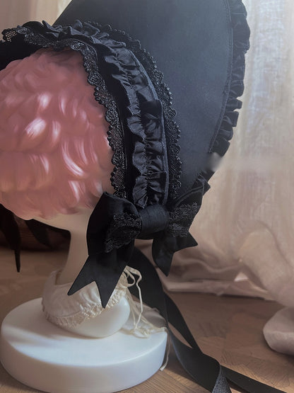 Bonnet Lolita Black with Bowknots Ruffled Grey