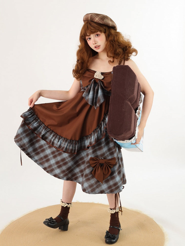 and Dress Asymmetrical Sweet Ruffles Brown Lolita Bow with Accents JSK Blue Plaid