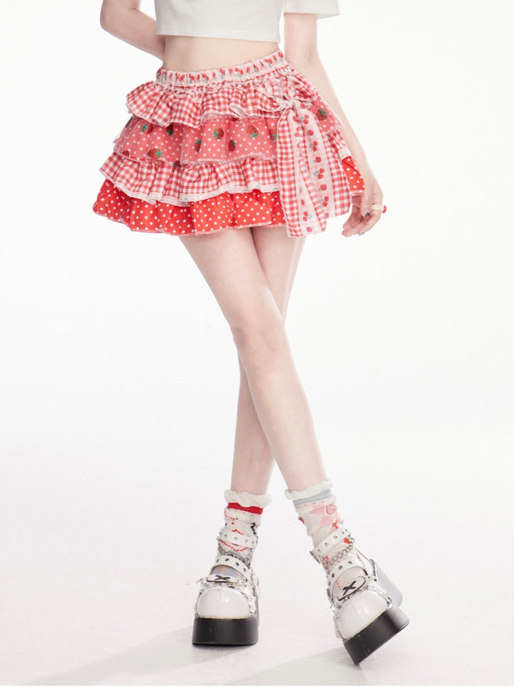 スカート スイート ポルカドット ティアード ストロベリーレッド チェック柄