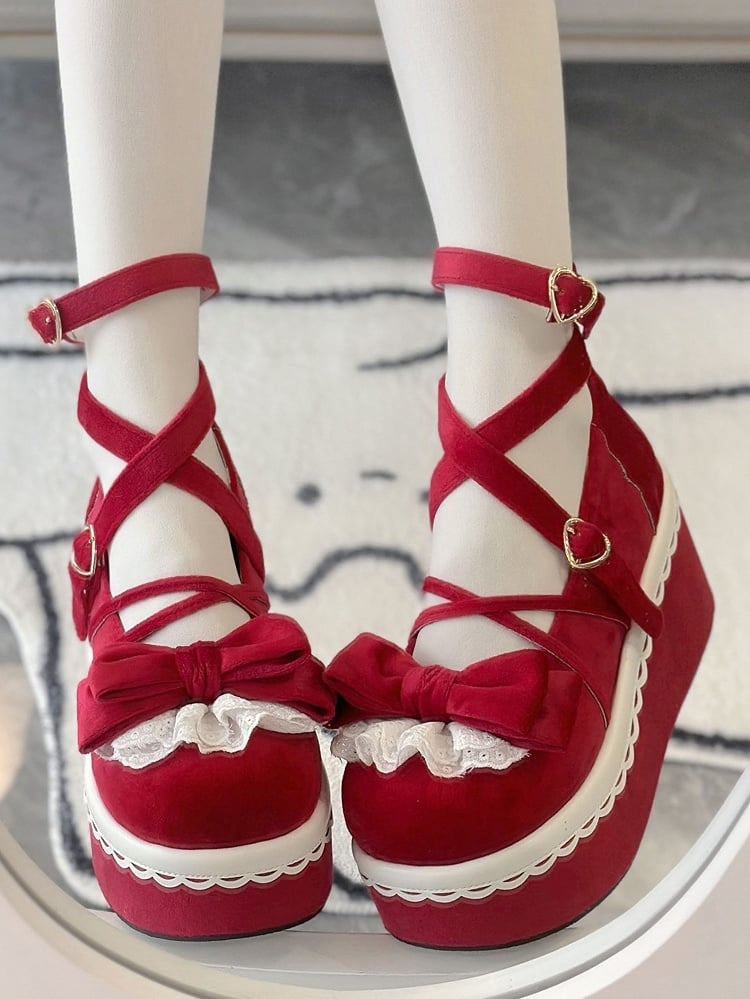 Lolita Velvet with Red Mary Janes - Crisscross Romantic for Lace Bow Design Accented Clasp