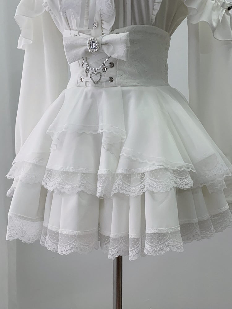 Crisp White Ryousangata Elevated Waist Skirt Adorned with Crystal Bow & Lace Edging - Ekomi