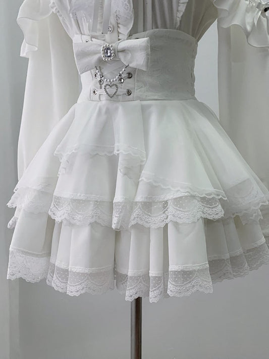 Crisp White Ryousangata Elevated Waist Skirt Adorned with Crystal Bow & Lace Edging - Ekomi