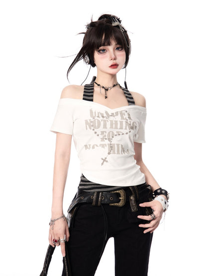 Striped Halter Neck T-shirt Gray White and Y2K Cross Necklace Print