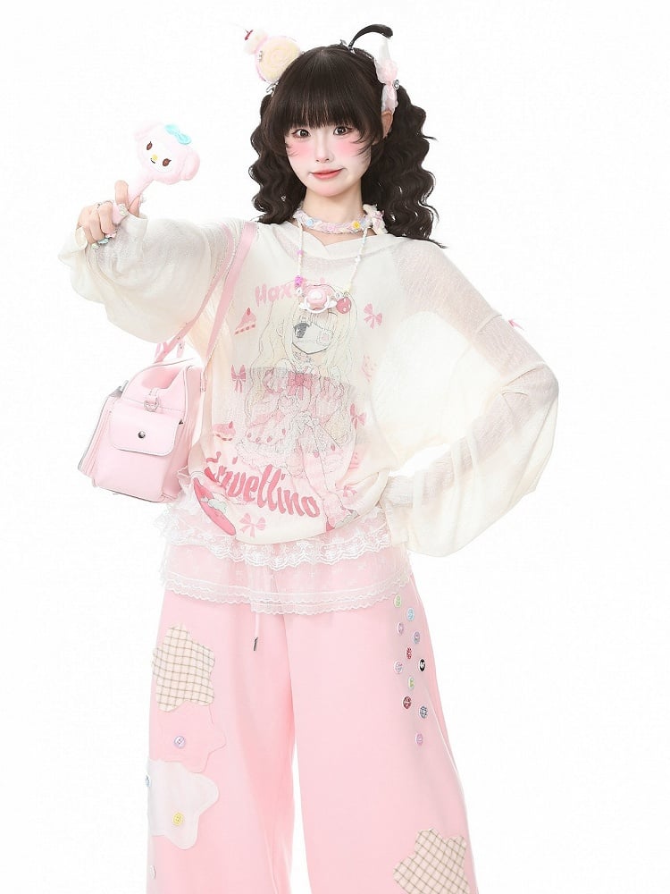 Apricot Long Sleeve Sun Top with Girl Print & Ribbon - Languid Park