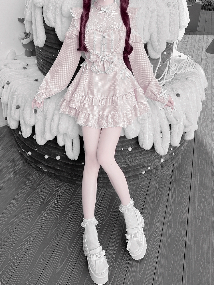 Pink Gingham Ryousangata Floral Lace Dress Set with Shorts, Bow Tie, Bead Chain & Hairclips - Jiuniang Cherry