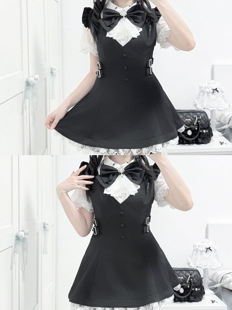 Jabot Black Jirai-Kei Plaid Short Sleeve Gown with Lace Bow Accents + Matching Shorts Set - Puzzles