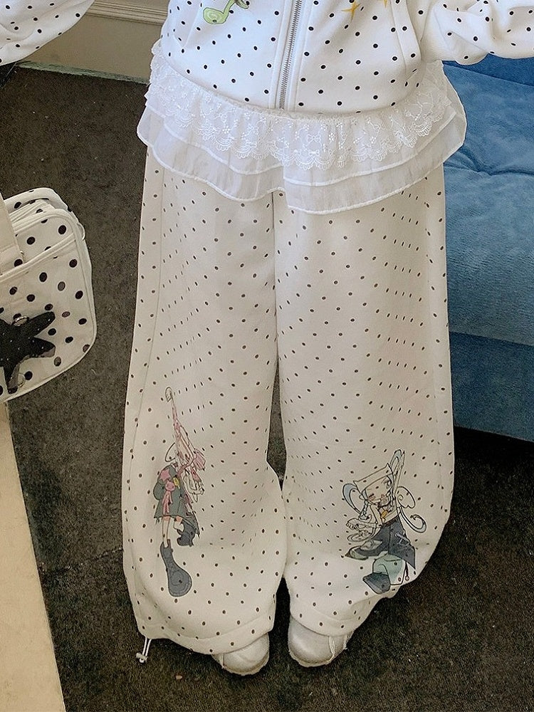 Polka Dot Straight Wide Leg Pants with Cartoon Pattern - Solkatt