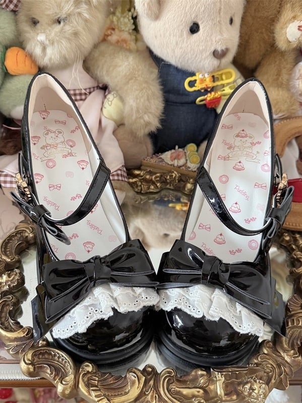with Trim Details Bow Heel Mary Janes Lace Toe Round Black Low/Mid Lolita - Sweet