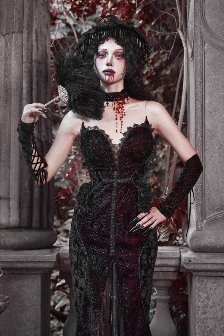 Black and Red Sleeveless High-Waisted Ruffle Lace Gothic Fishtail Dress